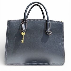 Fossil Skylar Satchel Black Pebbled Leather Shoulder Bag Key Charm